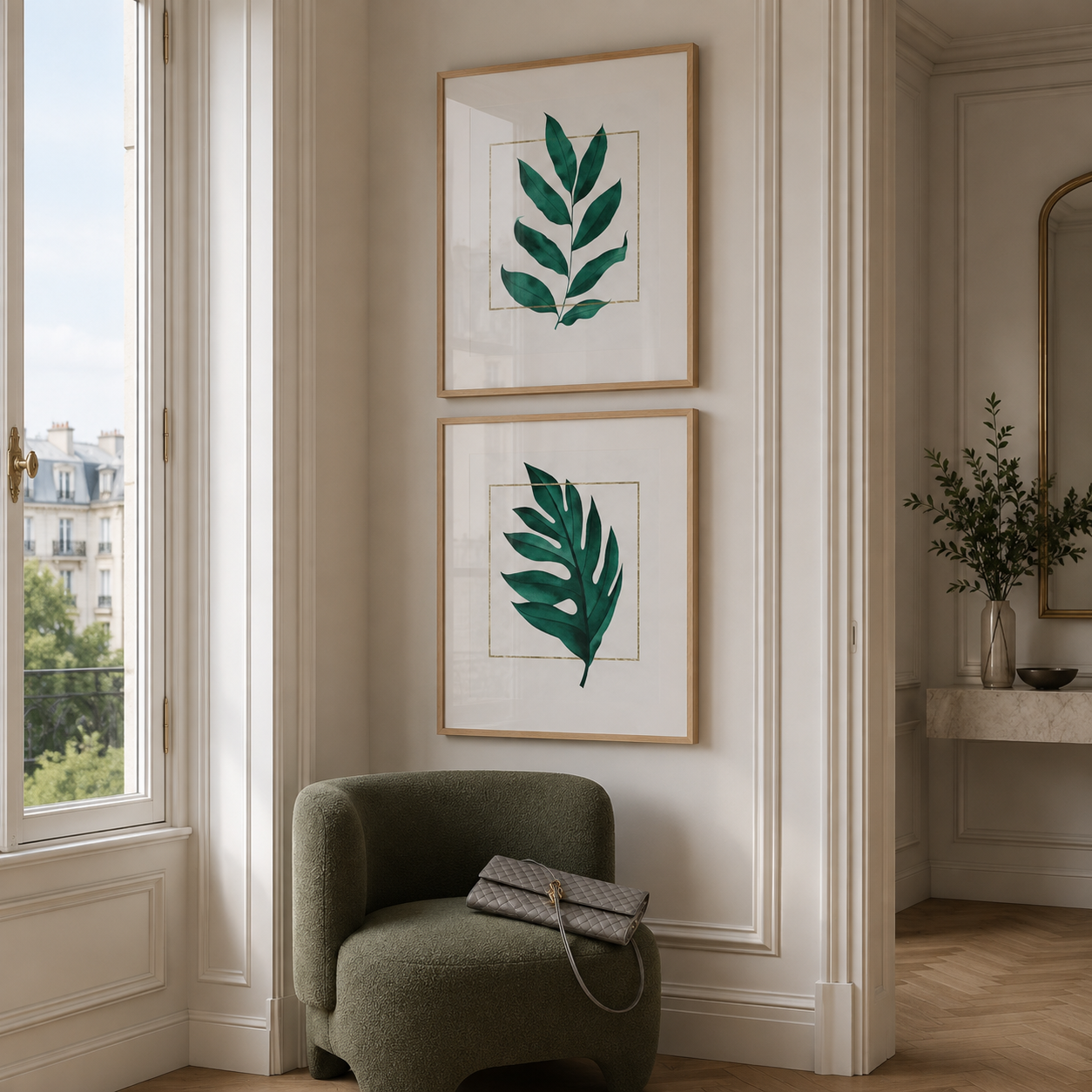 Abstract leaf illustration wall art in oak frames win luxury hallway.