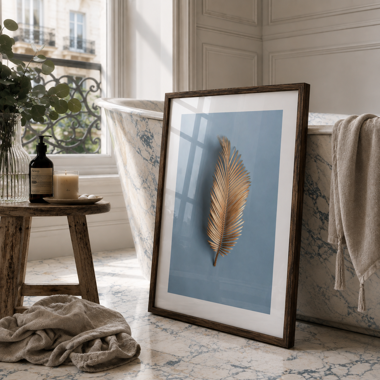 Framed wall art leaning against a bathtub in a bright bathroom. The artwork shows a single feather in warm beige tones on a soft light blue background, enclosed in a dark wood frame with a white mat.