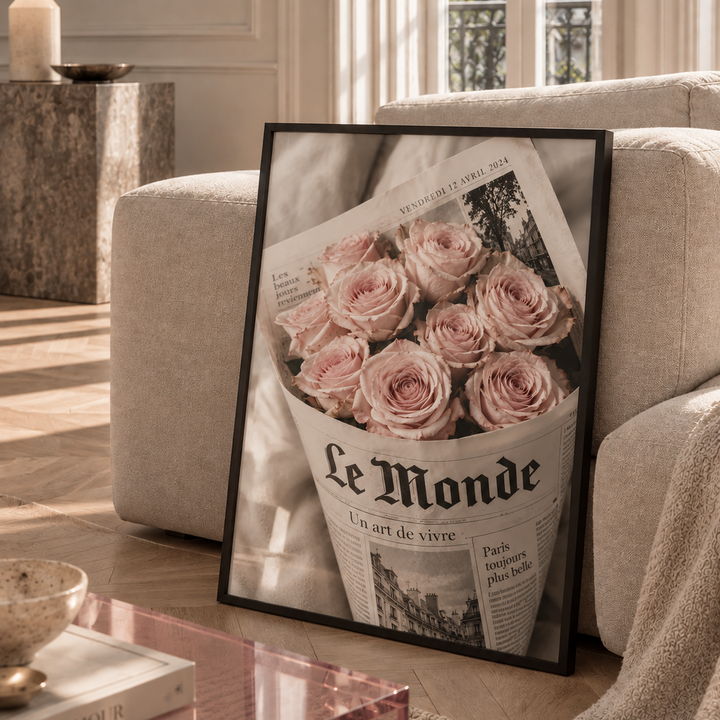 Le Monde Poster featuring a bouquet of blush pink roses wrapped in a vintage-style French newspaper, photographed against soft cream fabric.