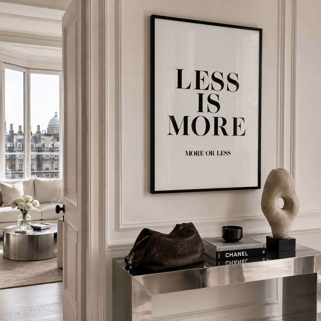 A framed black and white typographic wall print reading 'LESS IS MORE' hangs in a luxury interior above a metallic console table with a brown leather bag, books, and decorative objects.