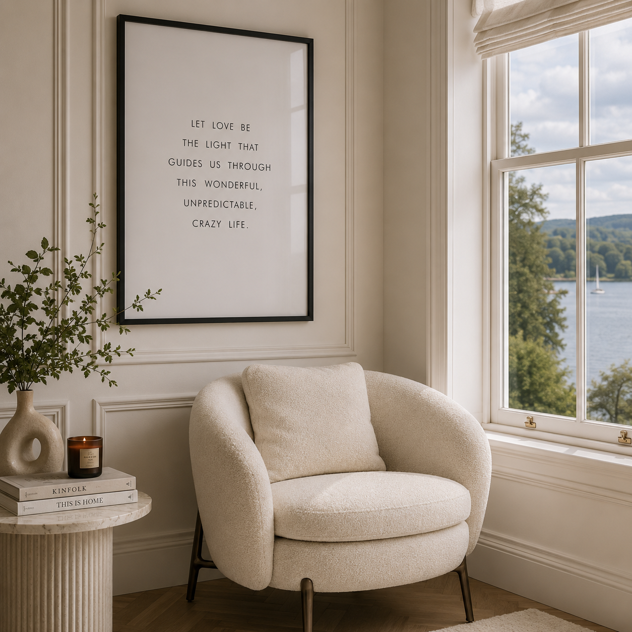 A framed wall art print with a quote hangs above a cream upholstered ORBIS armchair by Poliform in a bright room with a window overlooking water and trees. A small side table with books, a vase, and a candle sits to the left.