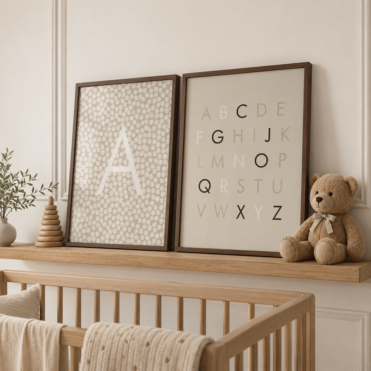 Two framed nursery wall art prints displayed on a wooden shelf above a crib. The left print features a textured beige background with a large white letter A, and the right print shows alphabet letters in black and muted pink.
