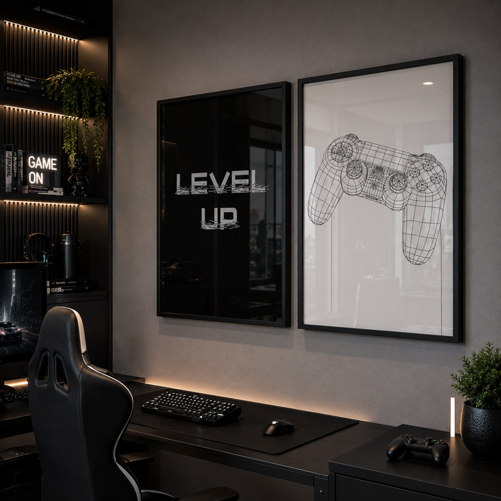 A modern gaming room setup featuring two large framed wall art prints hanging above a desk. The left print is black with the words 'LEVEL UP' in distressed white lettering, and the right print shows a white game controller wireframe illustration on a black frame.
