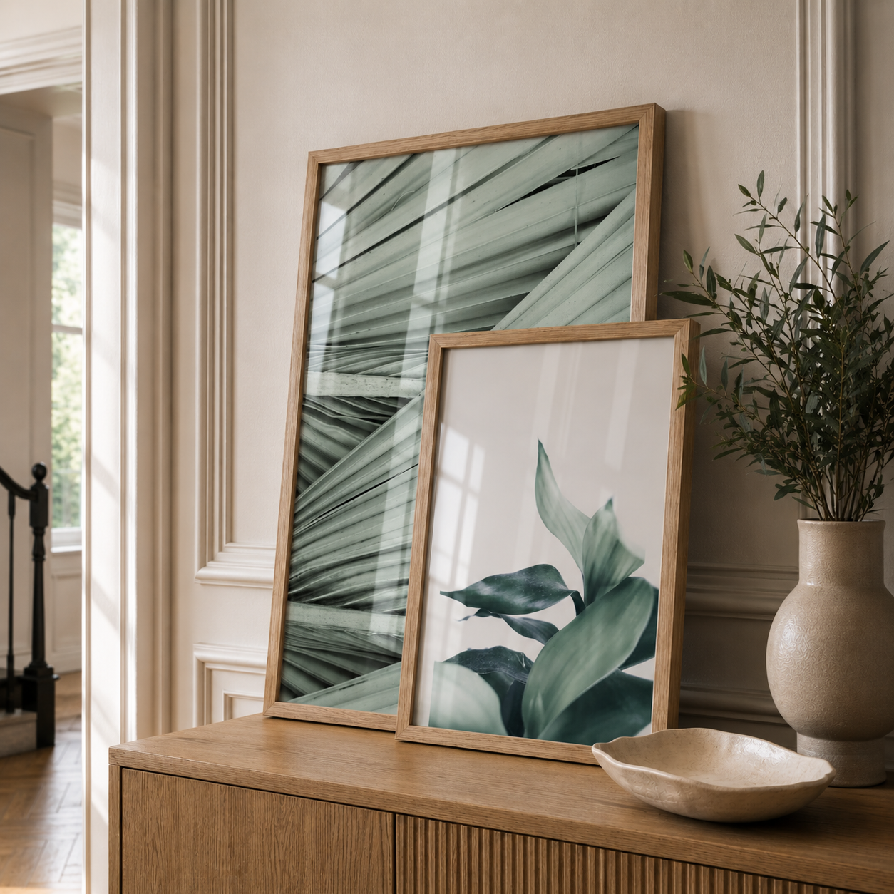 Two framed botanical art prints with light wood frames leaning on a wooden console table in a styled interior setting.