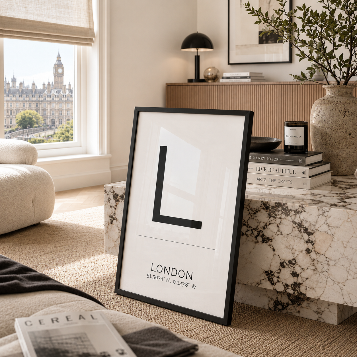A framed minimalist art print featuring a large black letter 'L' and the text 'LONDON' with coordinates, styled in a modern living room next to a window with a view of Big Ben.