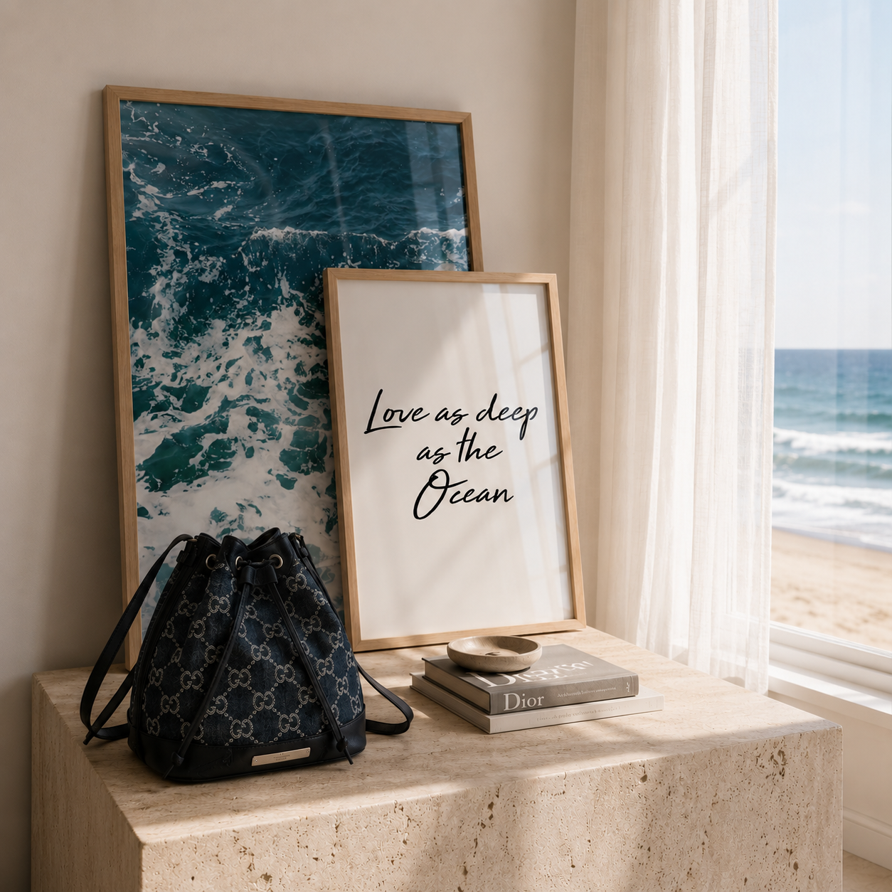 A styled interior scene by a window showing two framed art prints and a black patterned drawstring bag on a stone side table, with an ocean view outside.