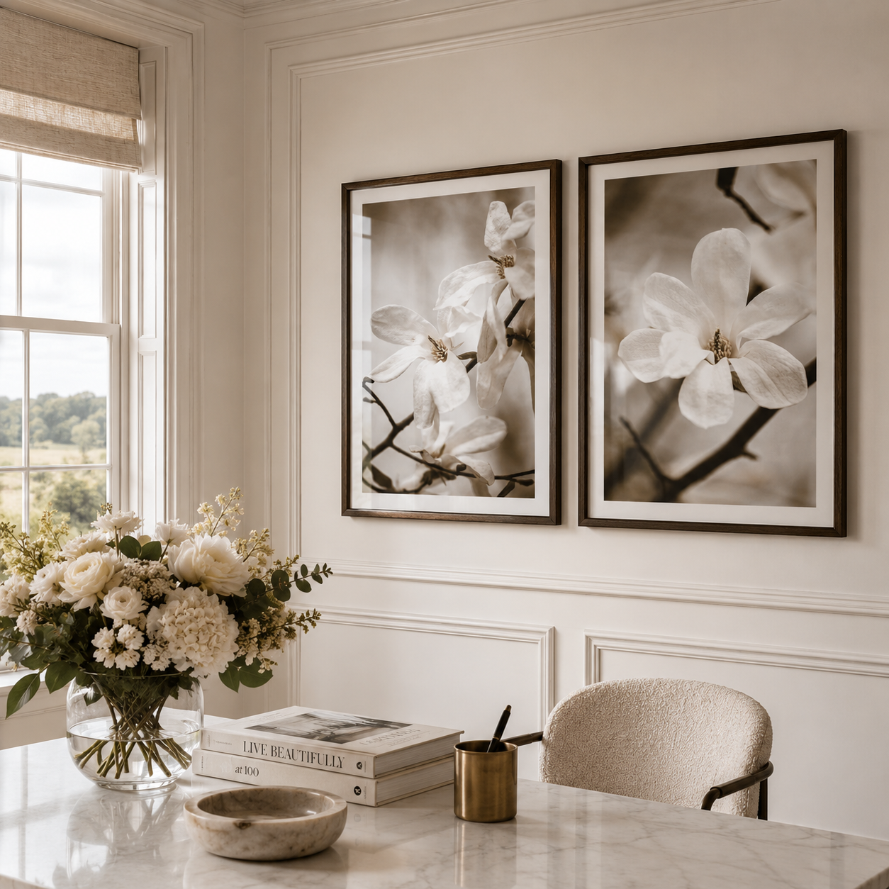 Two framed black-and-white floral art prints hang on a cream paneled wall above a marble table with a vase of white flowers, stacked books, and a chair in a bright room.