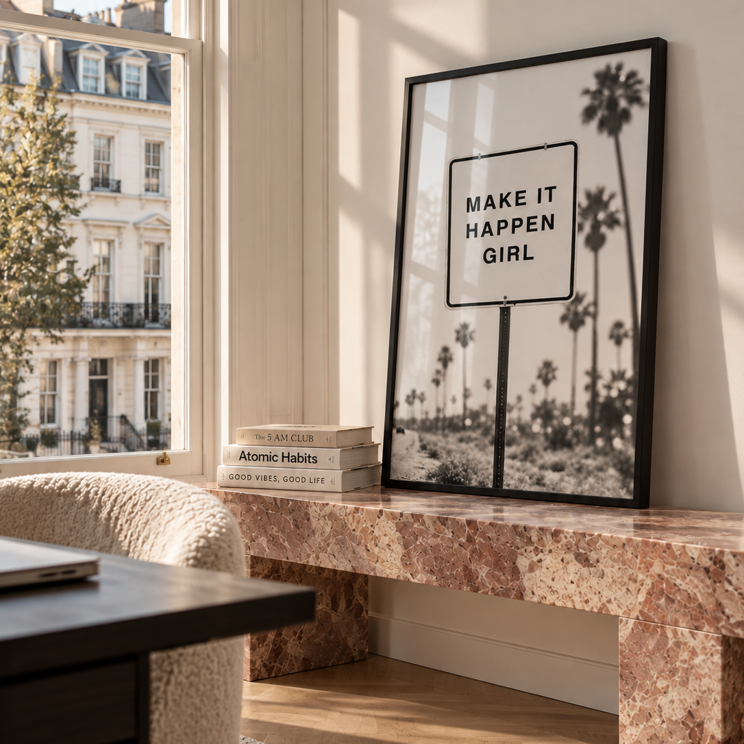 Make it happen girl black and white poster in luxury London home ffice
