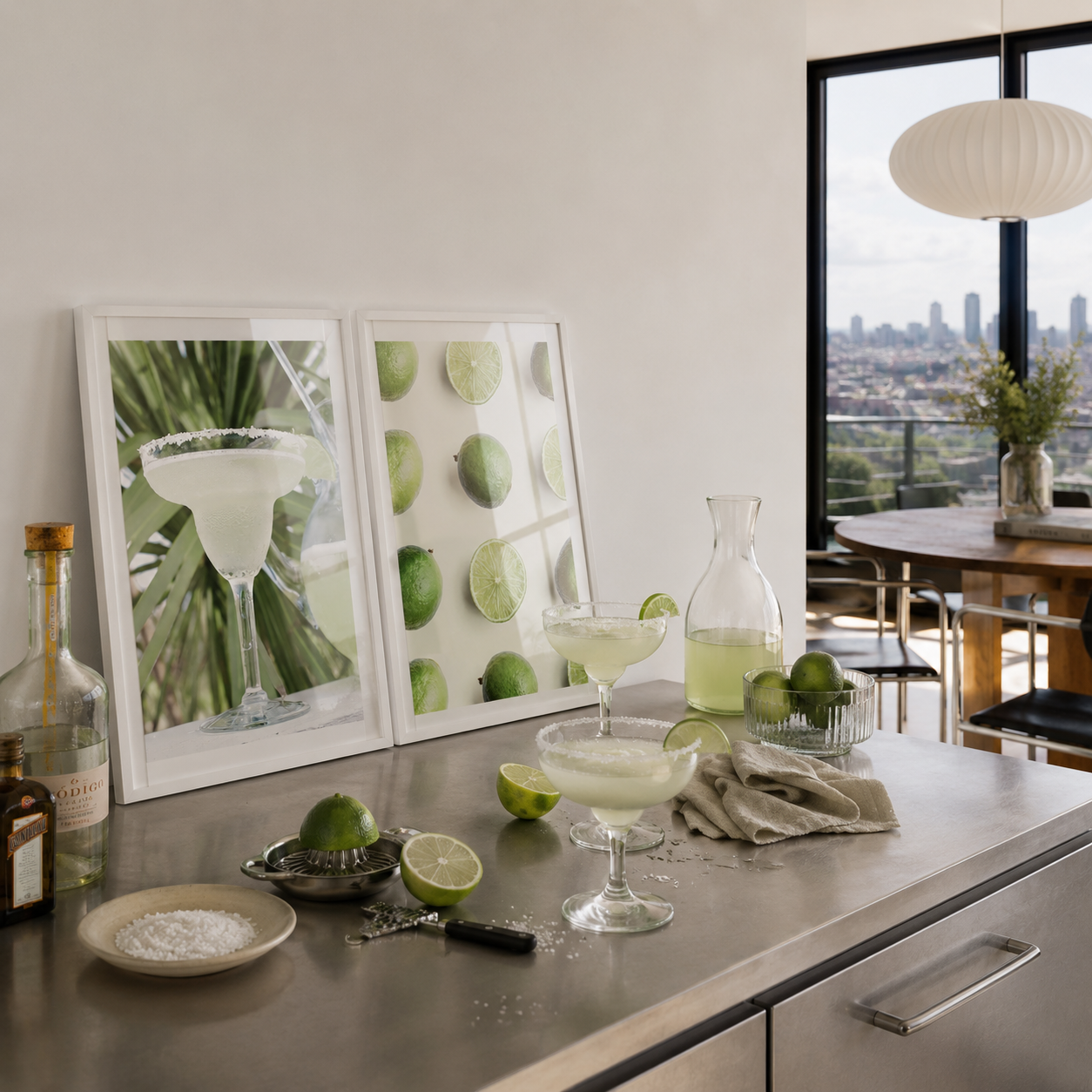 Cocktail setup with lime and margarita on a kitchen counter with city view.