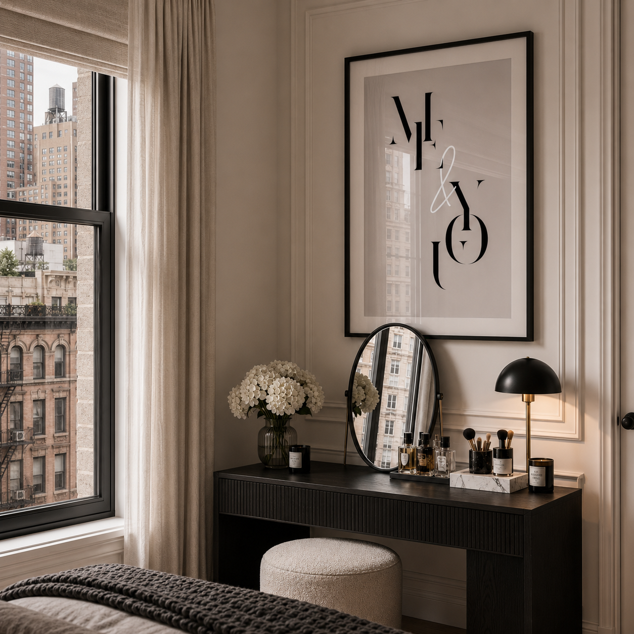 Modern bedroom with a dresser, mirror, and decorative items.