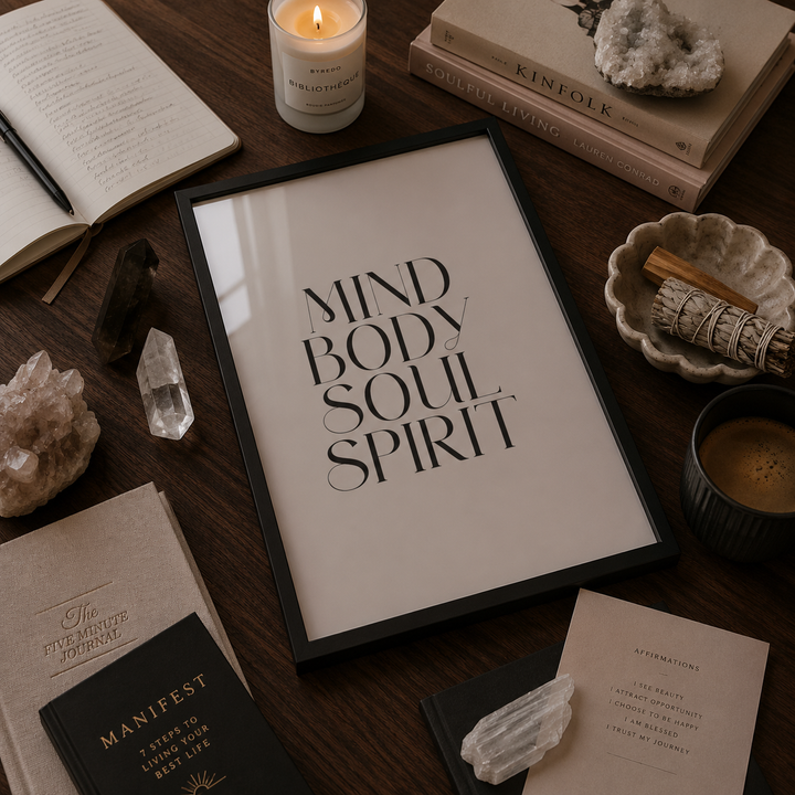 Framed poster with 'Mind Body Soul Spirit' text on a table with books, crystals, and a candle.