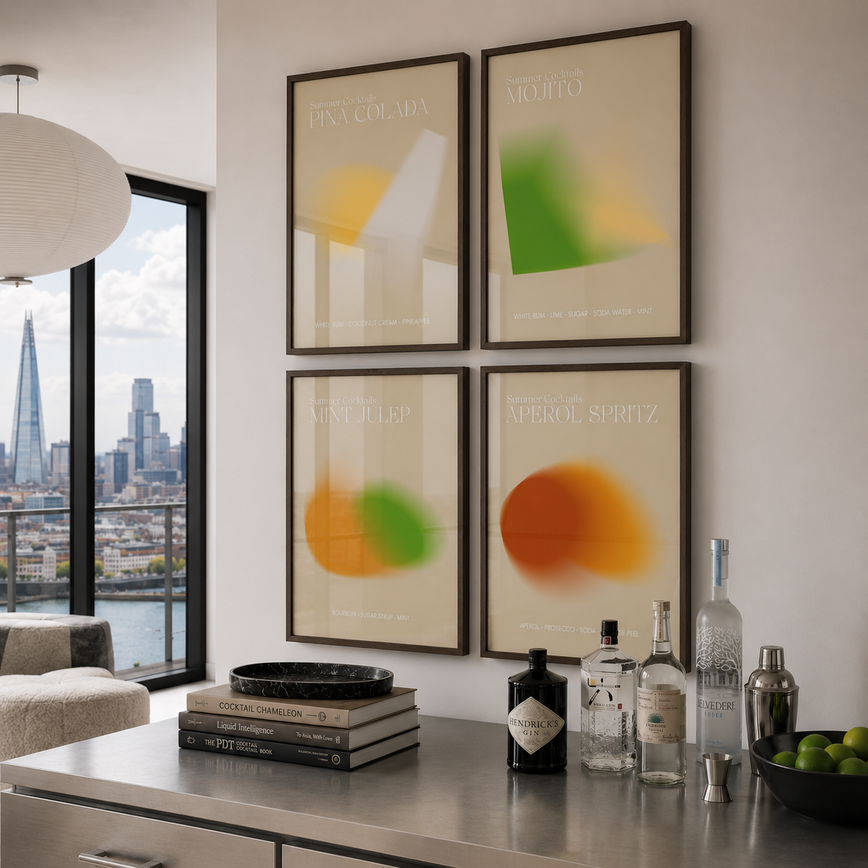 Modern kitchen with abstract art on the wall and a cityscape view.