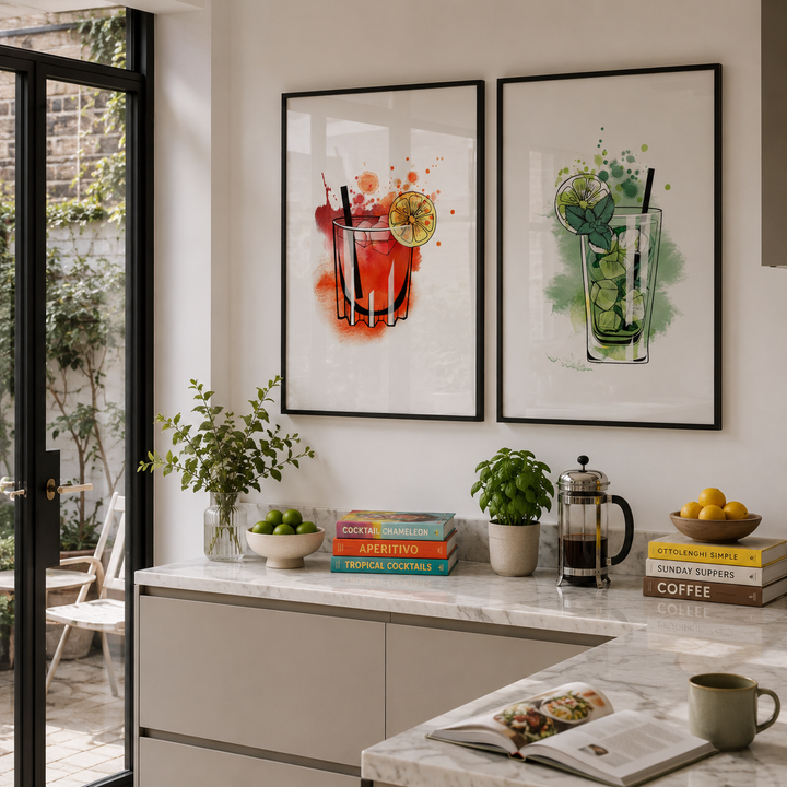 colourful cocktail illustration wall art in modern kitchen