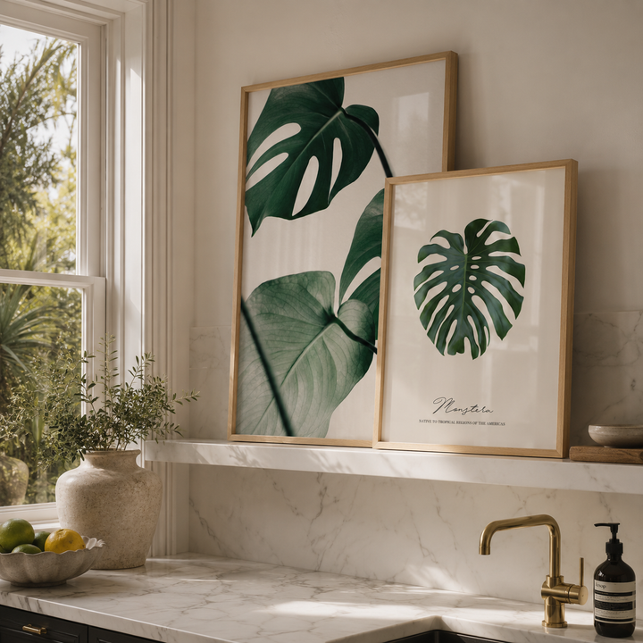 Two framed botanical art prints with green monstera leaves hang on a marble kitchen shelf above a counter. One print shows large overlapping monstera leaves on a white background, and the other shows a single monstera leaf with the word 'Monstera' in script.