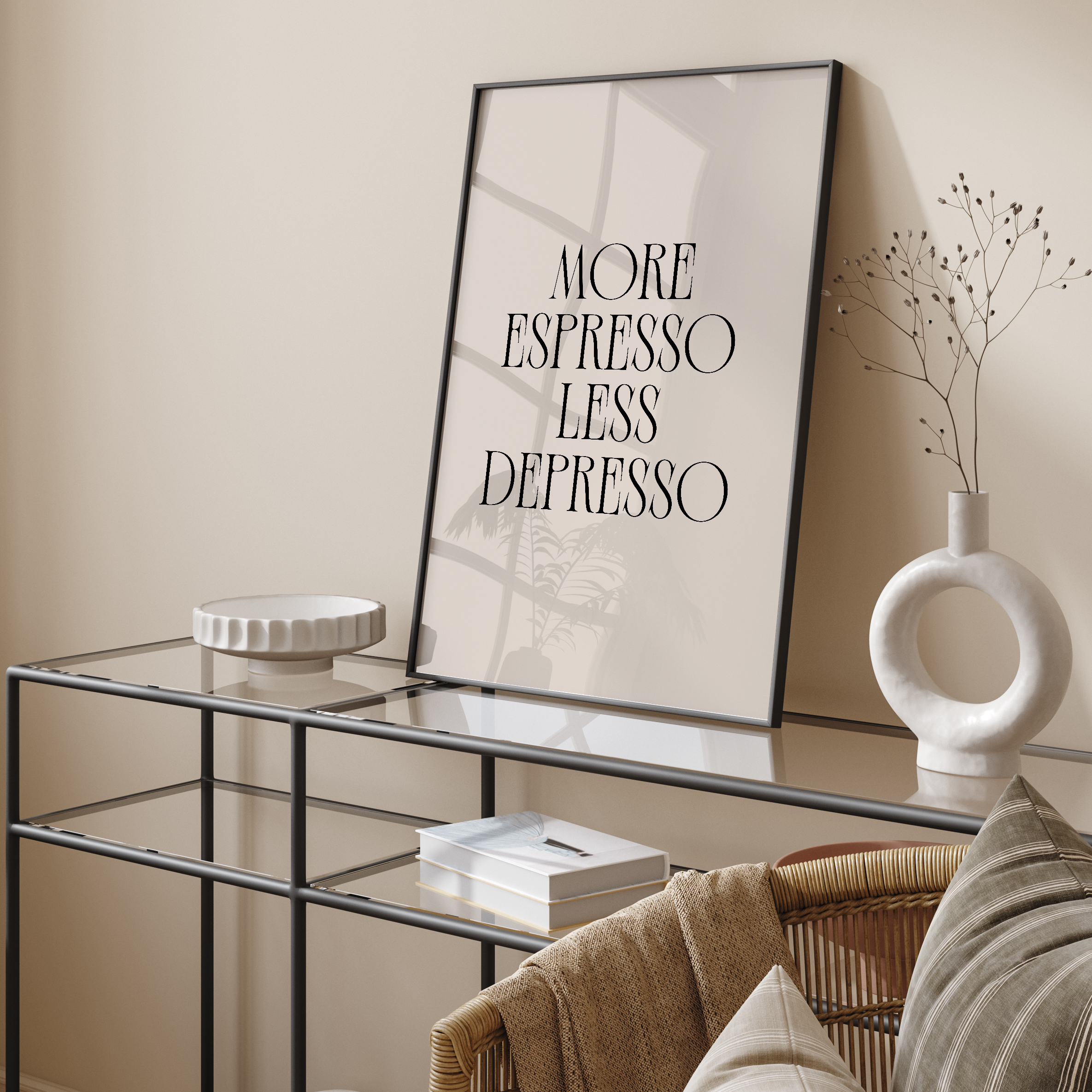 Modern interior with a glass coffee table, wicker chair, and decorative items.