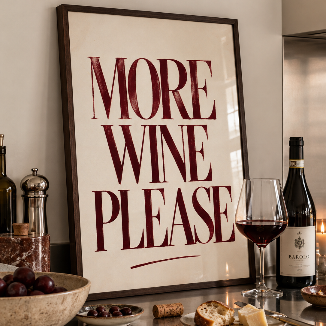 more wine please deep red typography kitchen wall art