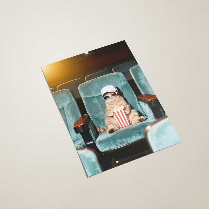 poster of a cat in a movie theater with popcorn on a white background