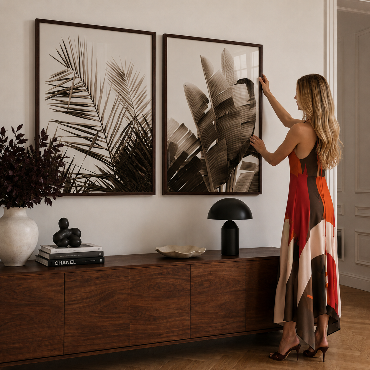 Woman arranging framed botanical prints in a stylish living room.
