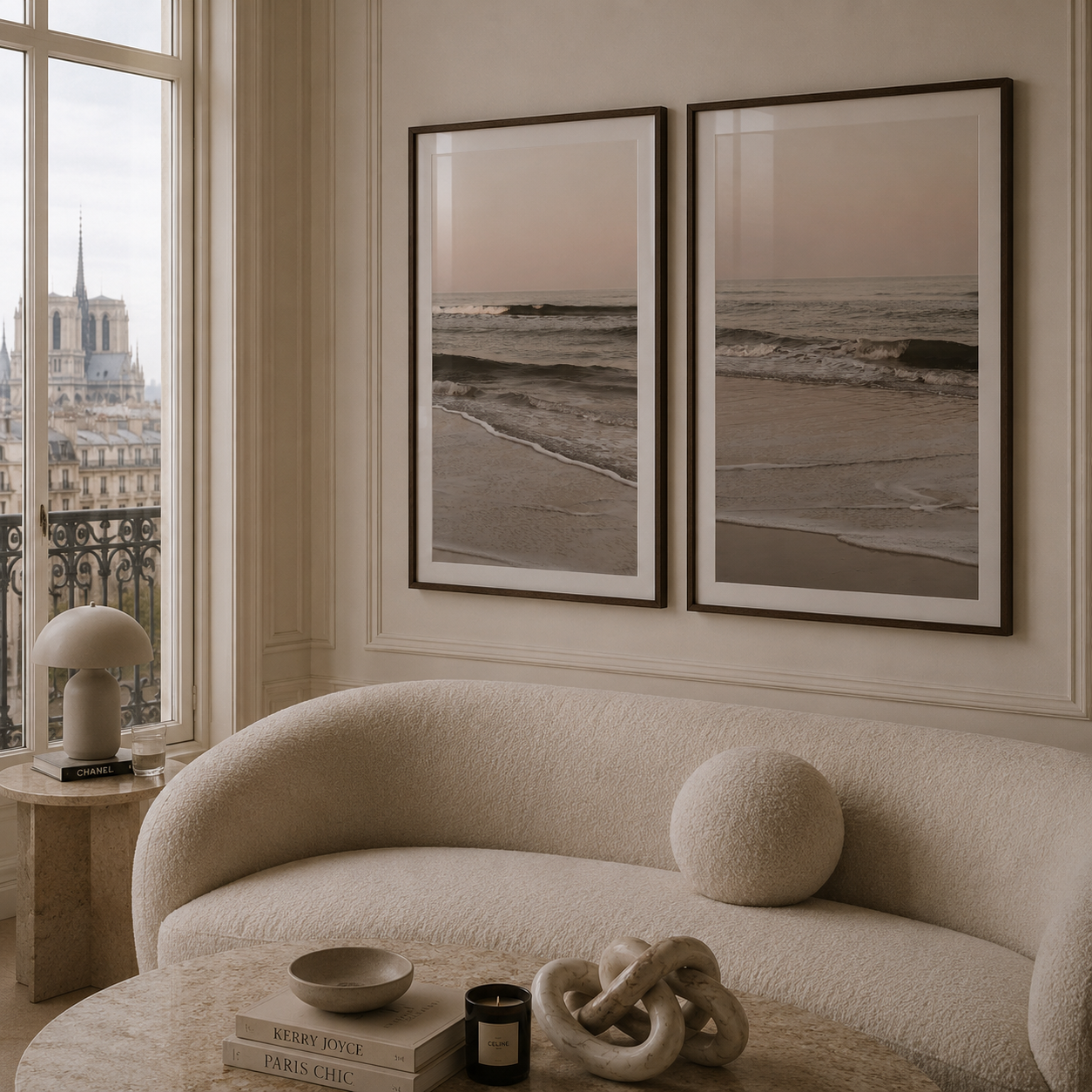 Modern living room with a beige sofa, framed beach scenes, and cityscape view.