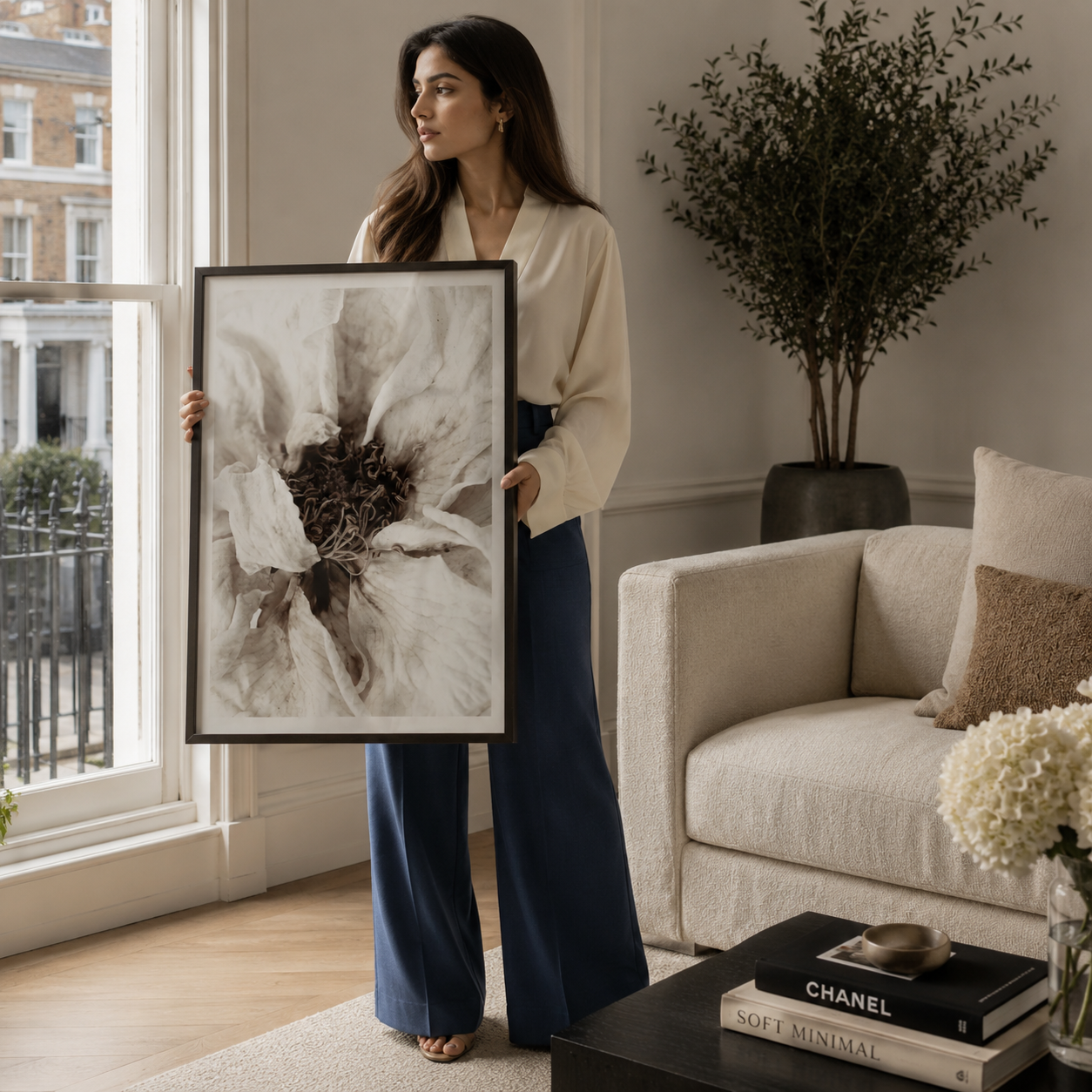 Woman holding a framed artwork in a living room