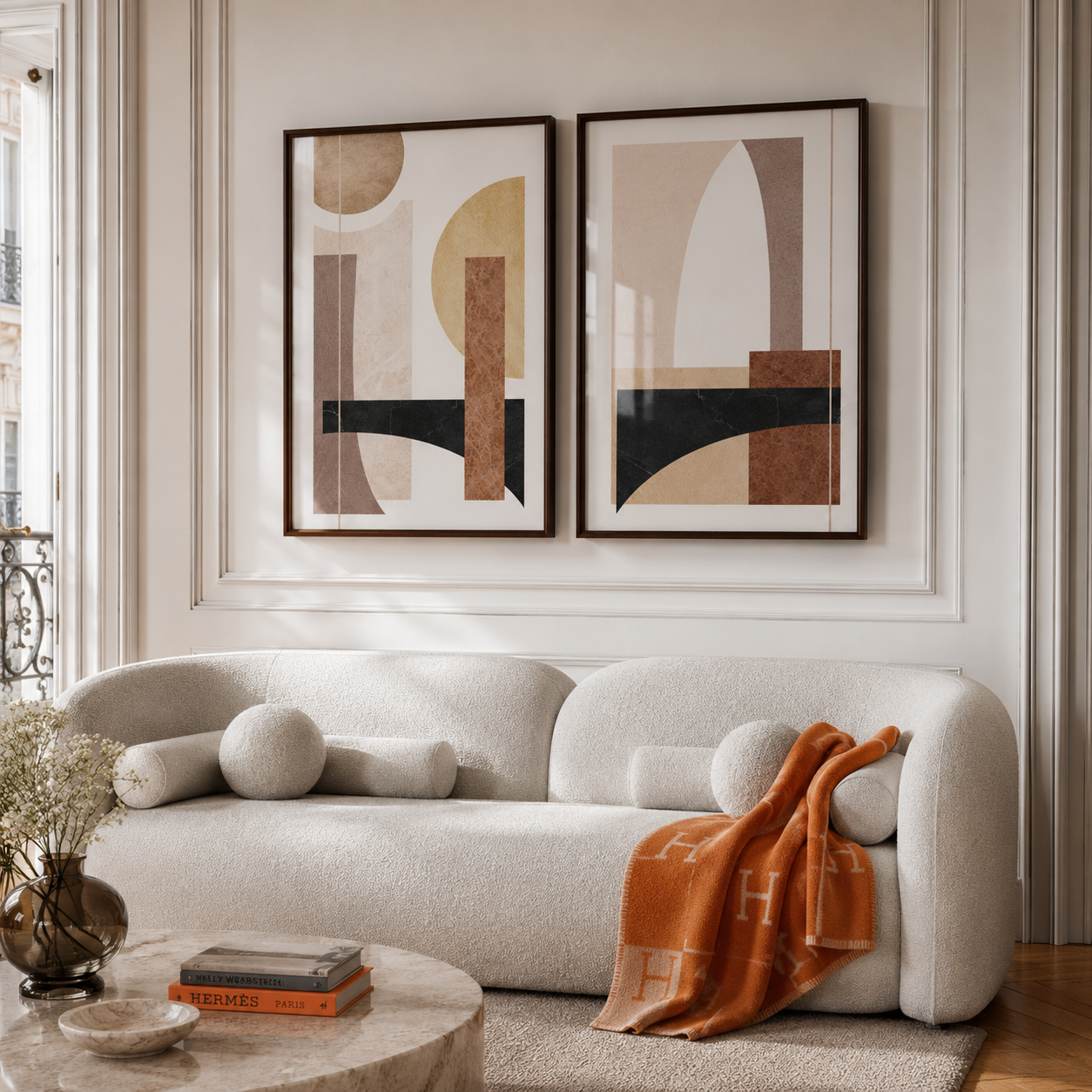 Modern living room with a beige sofa, abstract art, and decorative items.