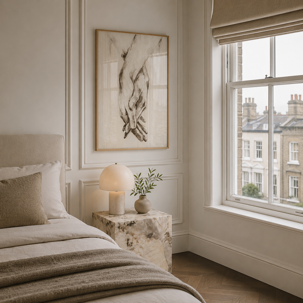 Neatly made bed in a bedroom with a window and decorative elements.