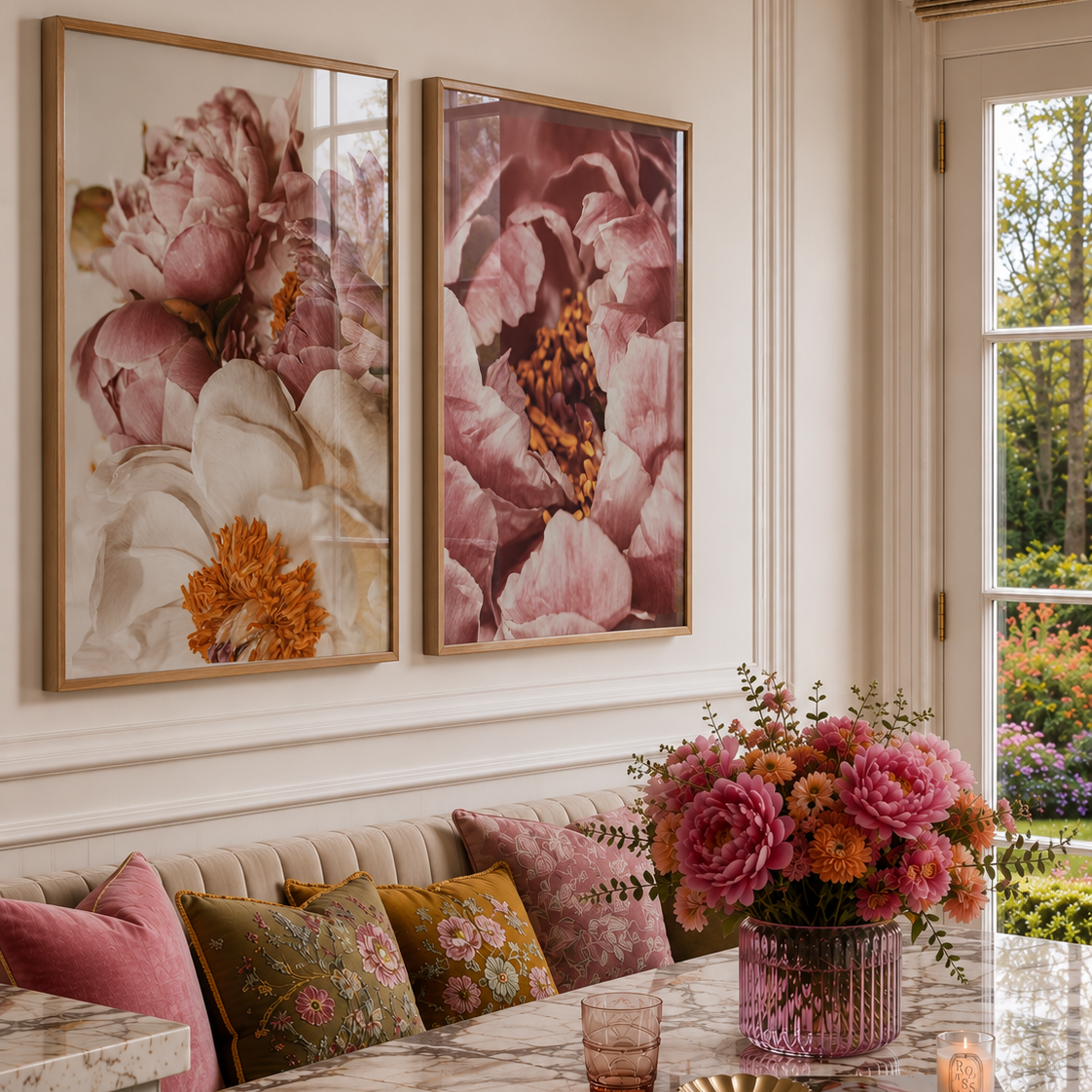 A styled interior scene with two large framed floral wall art prints hanging above a tufted bench and marble table. The artwork features soft pink, mauve, peach, and cream flowers with one orange bloom.