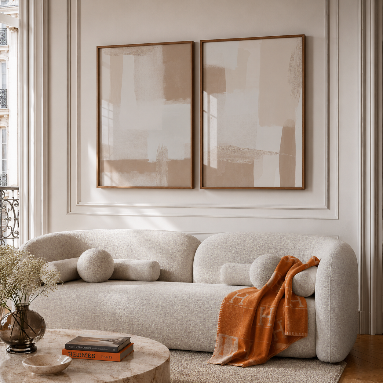 Modern living room with a beige sofa, abstract art, and decorative items.