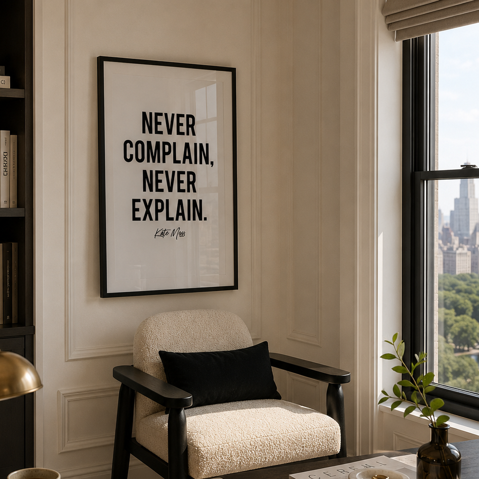 A framed black-and-white motivational quote print reading 'NEVER COMPLAIN. NEVER EXPLAIN.