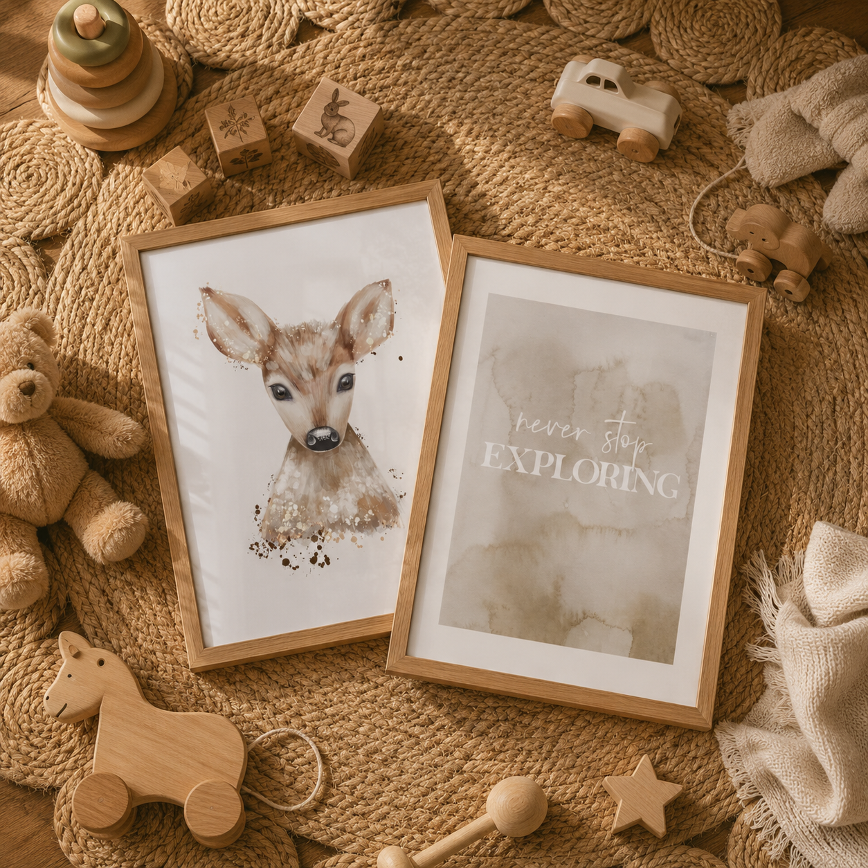 Two framed watercolor prints for a nursery, styled on a textured brown woven blanket with wooden toys. The left print shows a watercolor deer, and the right print says 'never stop EXPLORING' in a soft gray watercolor wash.