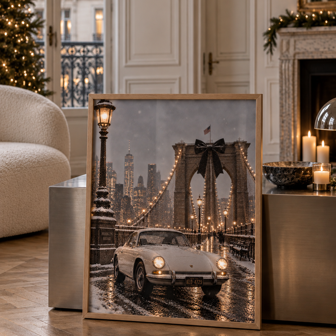 A poster of a luxury winter scene captured in cinematic detail. A pristine white vintage sports car sits parked against the iconic Brooklyn Bridge on a snowy night.
