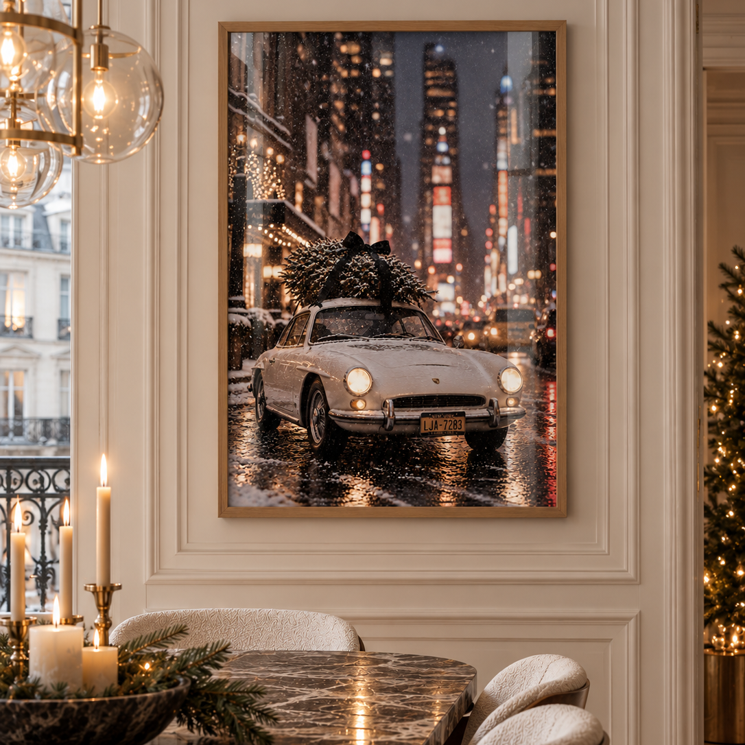 A poster of a pristine white vintage sports car navigates snowy streets with a Christmas tree elegantly secured to its roof with a black ribbon—a playful nod to holiday sophistication.