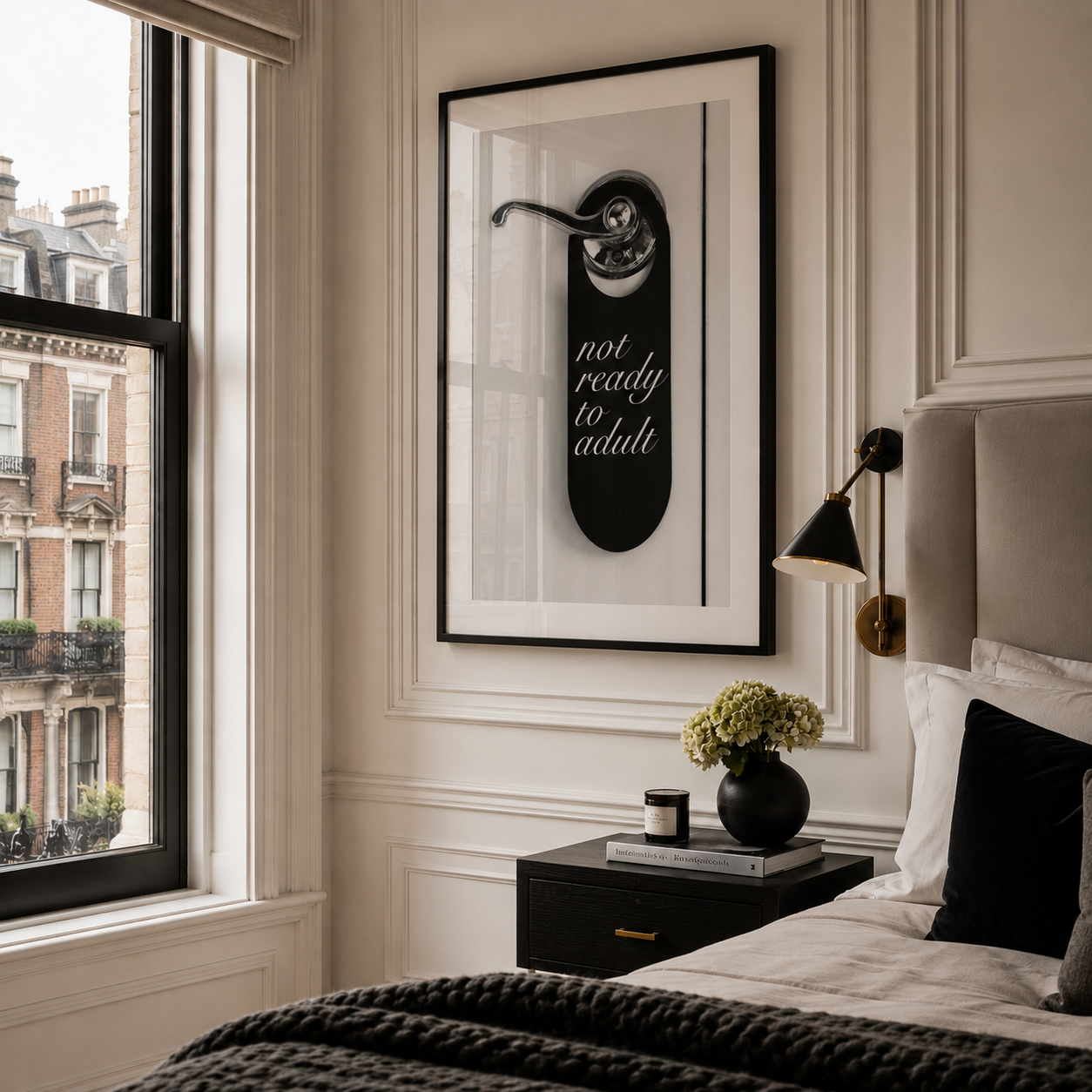 Modern bedroom with framed artwork, nightstand, and window view.