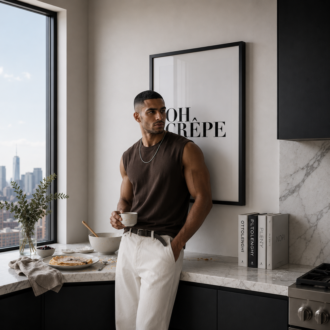 Man standing in a modern kitchen holding a cup, with a cityscape view through the window.