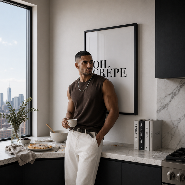 Man standing in a modern kitchen holding a cup, with a cityscape view through the window.