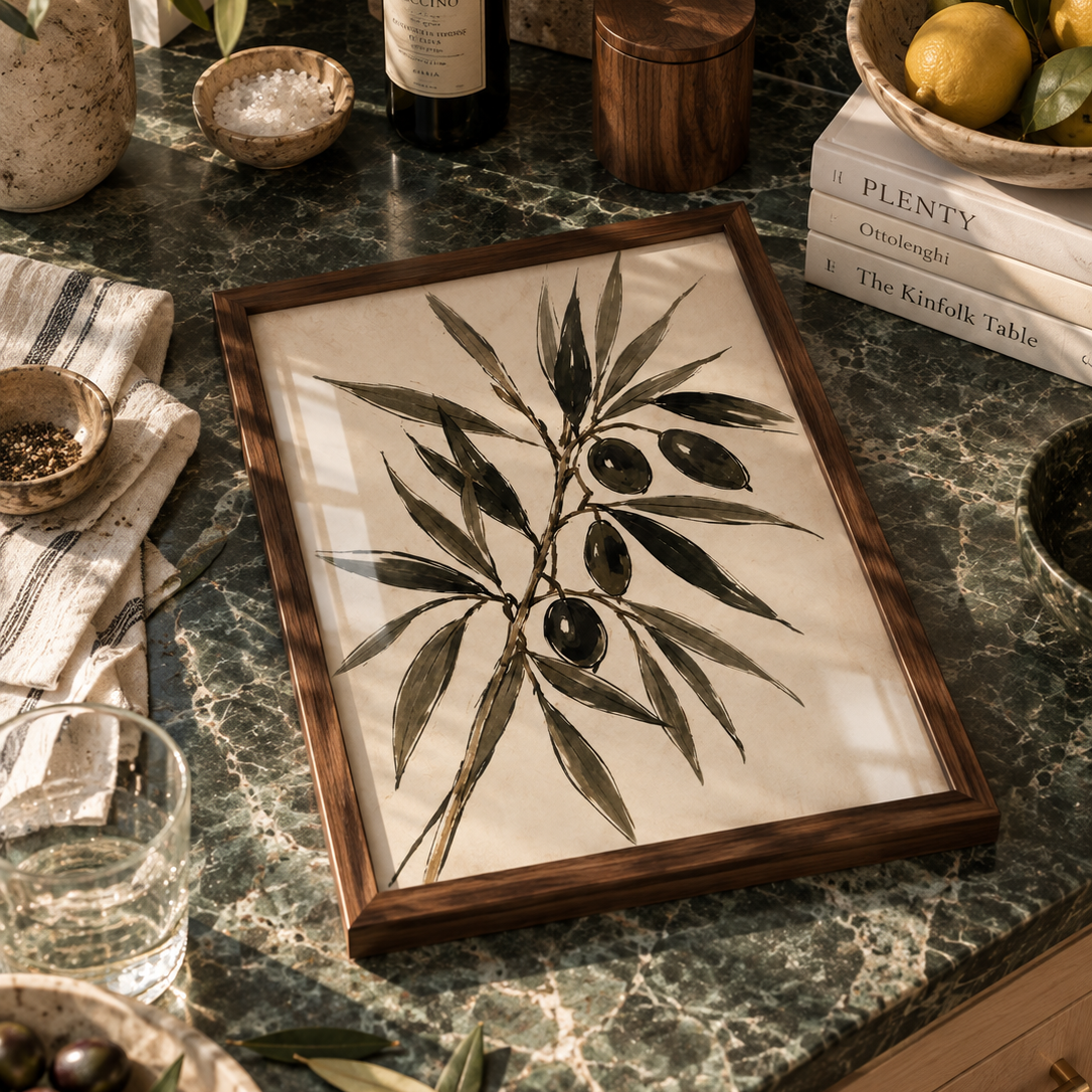 A rectangular wooden-framed art print featuring a botanical illustration of an olive branch with dark olives, displayed on a green marble countertop surrounded by lifestyle props including olives, a glass of water, books, and a bottle.