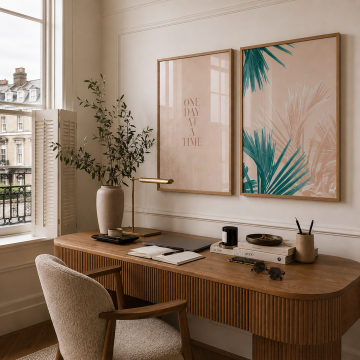 Two framed botanical and typographic wall art prints hang above a wooden desk in a bright home office. The left print reads “ONE DAY AT A TIME” in beige text on a blush background, and the right print features teal palm leaves on a beige background.