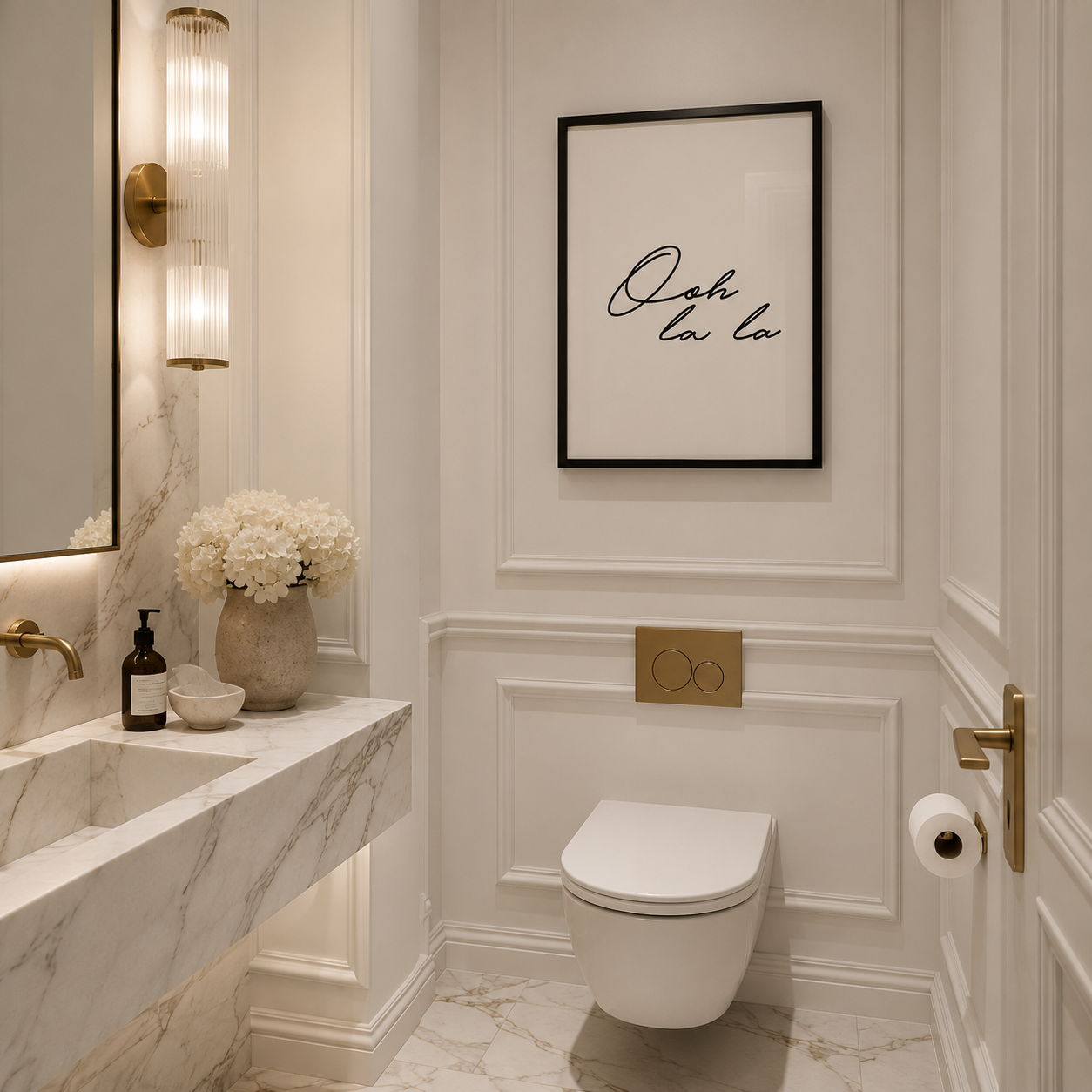A styled bathroom interior with a white wall-mounted toilet, marble vanity, gold fixtures, and framed wall art with cursive script on a white paneled wall.