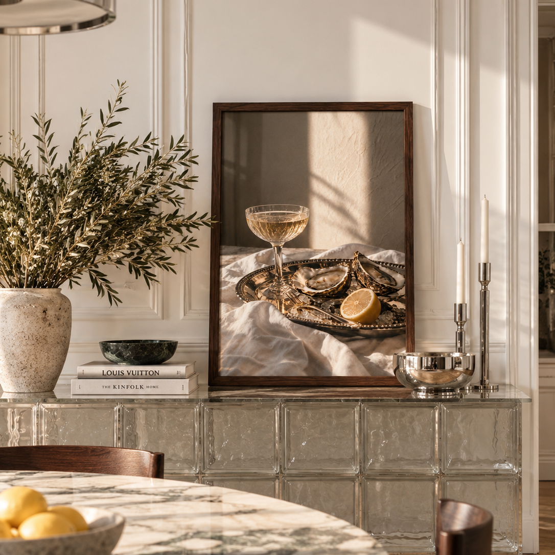 A framed still life art print depicting oysters on a tray with a glass of white wine and a lemon wedge, styled on a glass-front sideboard in a bright dining room.