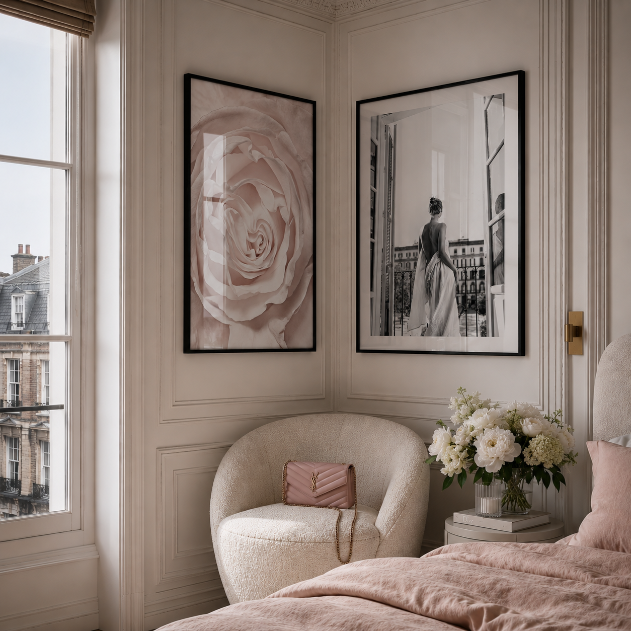 A styled bedroom corner with two framed wall art prints hanging above a cream armchair and pink bedding. The left print shows a large pale pink rose, and the right print is a black-and-white architectural scene with a woman.