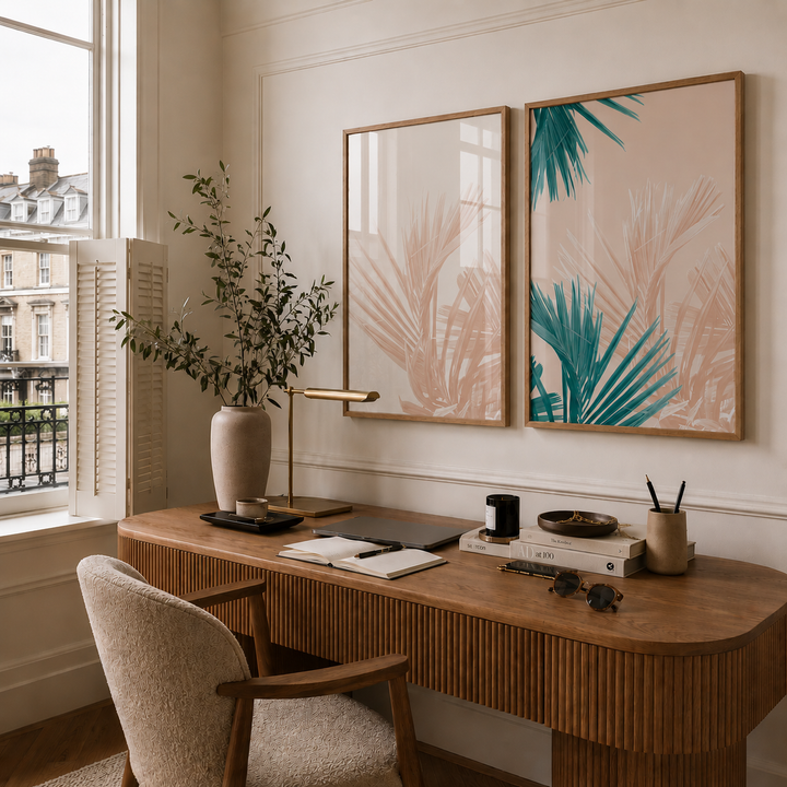 A styled home office interior featuring two framed botanical art prints hanging above a wooden desk. The prints have a warm beige background with soft blush and teal palm leaf illustrations in light wood frames.