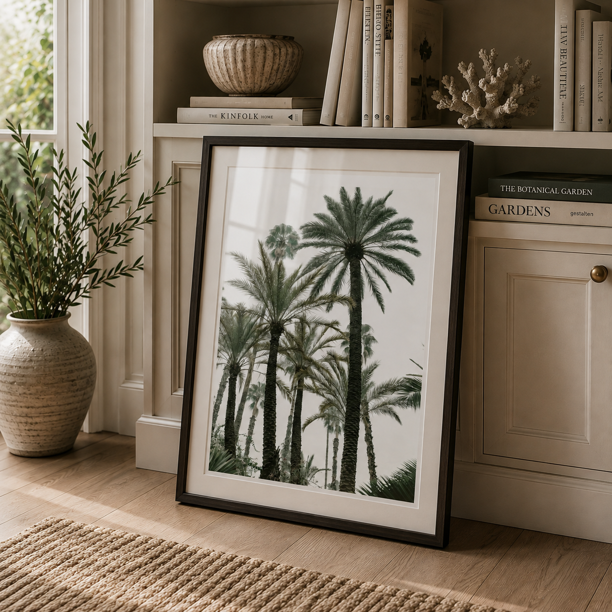 A framed botanical art print of palm trees, leaning against a white bookshelf in a styled room setting.