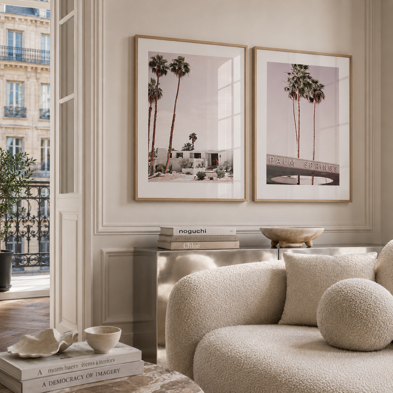 Two framed art prints featuring palm trees and a building, displayed on a beige wall above a console table in a styled living room with a cream boucle sofa.