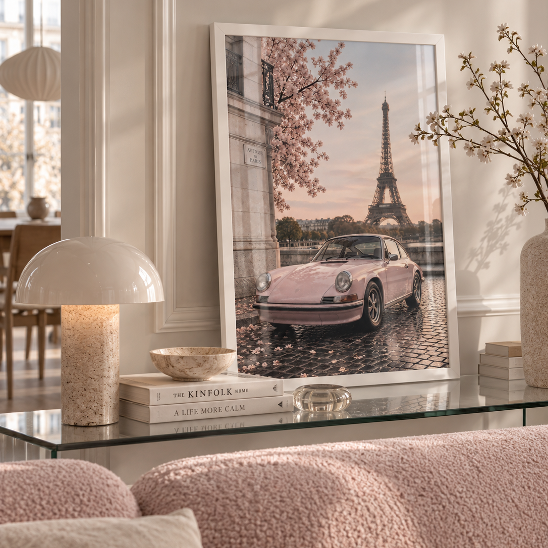 Paris in Pink Poster featuring a blush pink classic car beneath spring blossom with the Eiffel Tower in the background on a Parisian street.