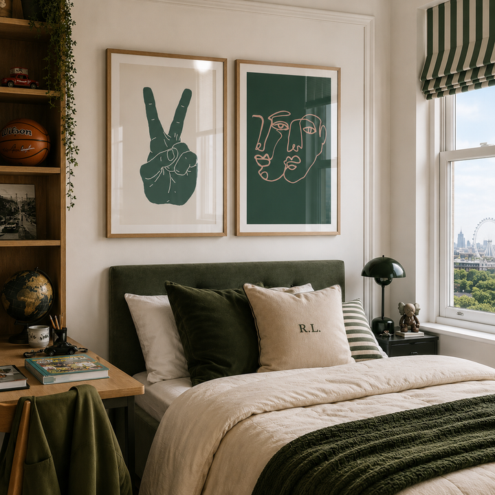 A styled bedroom interior with a bed dressed in cream bedding and dark green pillows, beneath two framed wall art prints. The room includes a window with green-and-white striped curtains, a nightstand, lamp, shelf, and desk in a real interior setting.