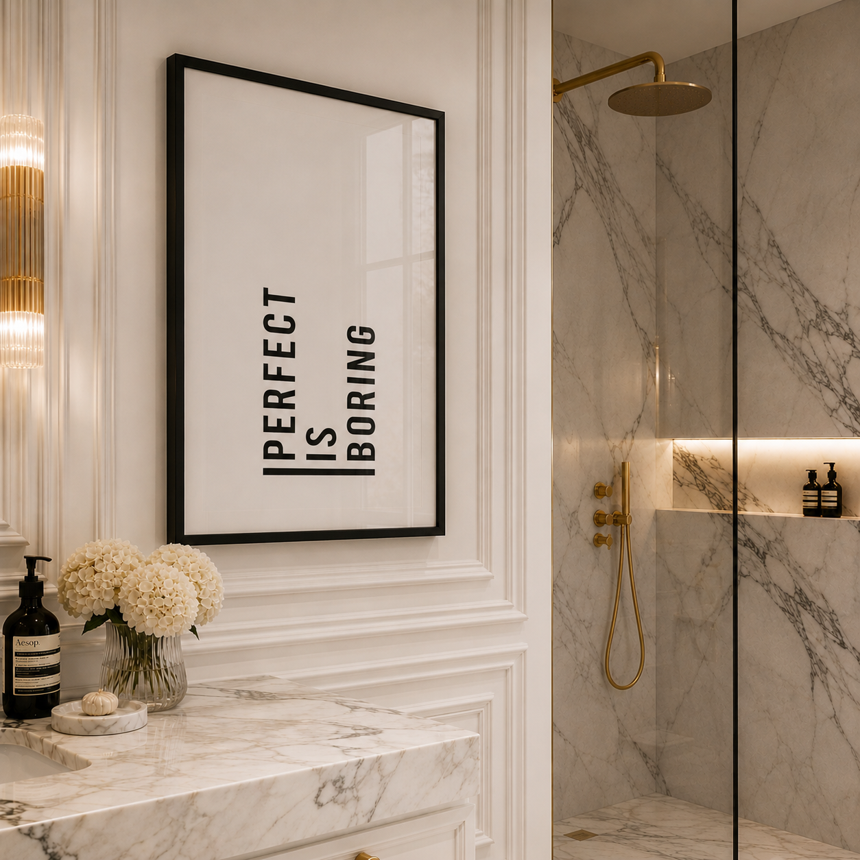 A framed vertical wall art print with the text 'PERFECT IS BORING' in black on a white background, hanging in a modern bathroom with white paneled walls, a marble vanity, and a marble shower area with gold fixtures.