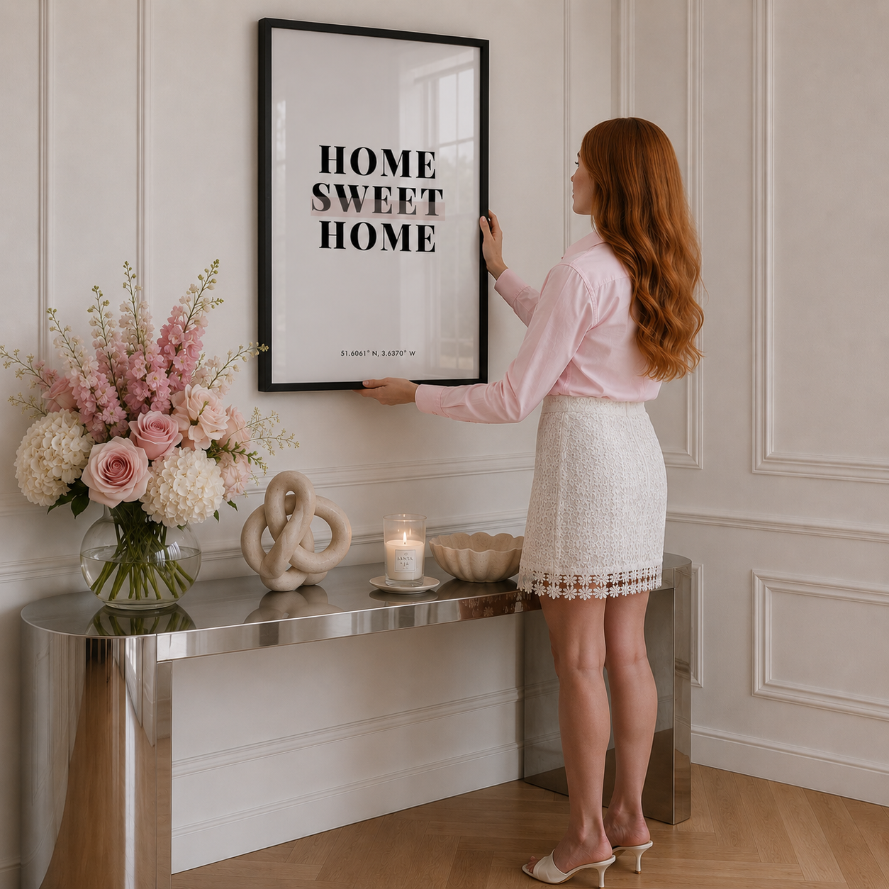 A woman with long red hair hangs a framed black-and-white art print on a cream paneled wall above a modern metallic console table. The print reads 'HOME SWEET HOME' in bold black letters.
