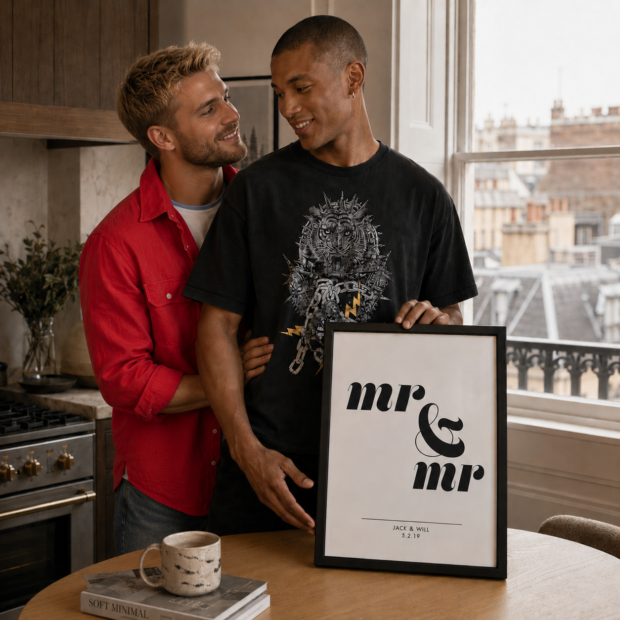 Two men standing in a kitchen setting, with one holding a framed personalised print that reads 'mr & mr'. The man on the left wears a red ZARA button-up shirt over a light gray undershirt, and the man on the right wears a black ALL SAINTS graphic T-shirt.