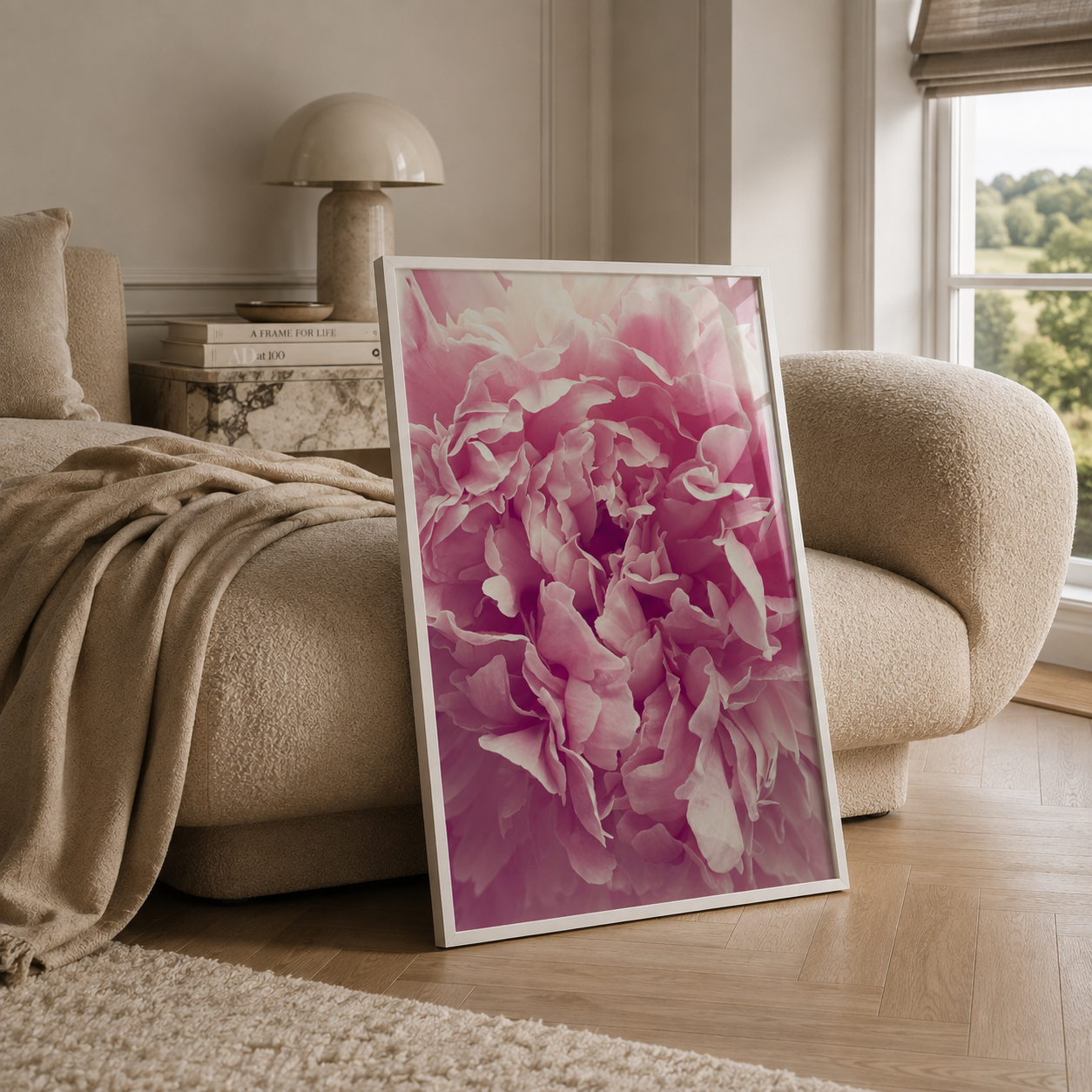 soft pink petal botanical wall art in a luxury bedroom