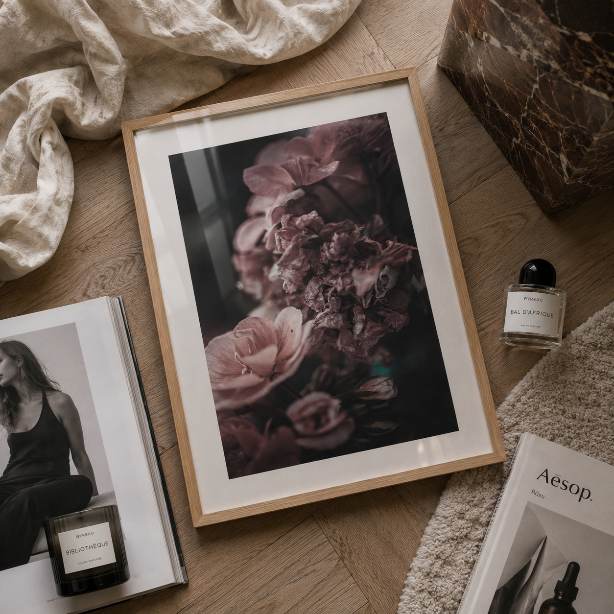 luxury botanical wall art in pink and deep moody contrast in a luxury home